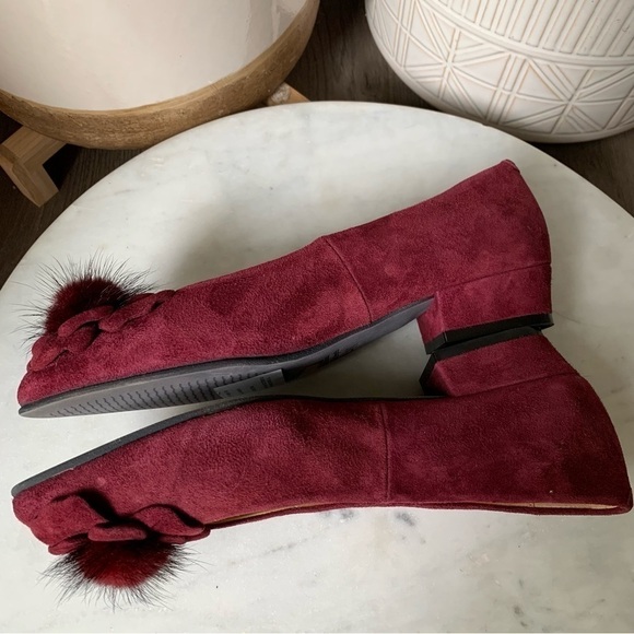 NEW Sesto Meucci Red Suede Ballerina Slip On Pumps with Rabbit Fur Pom size 7 - Picture 6 of 12